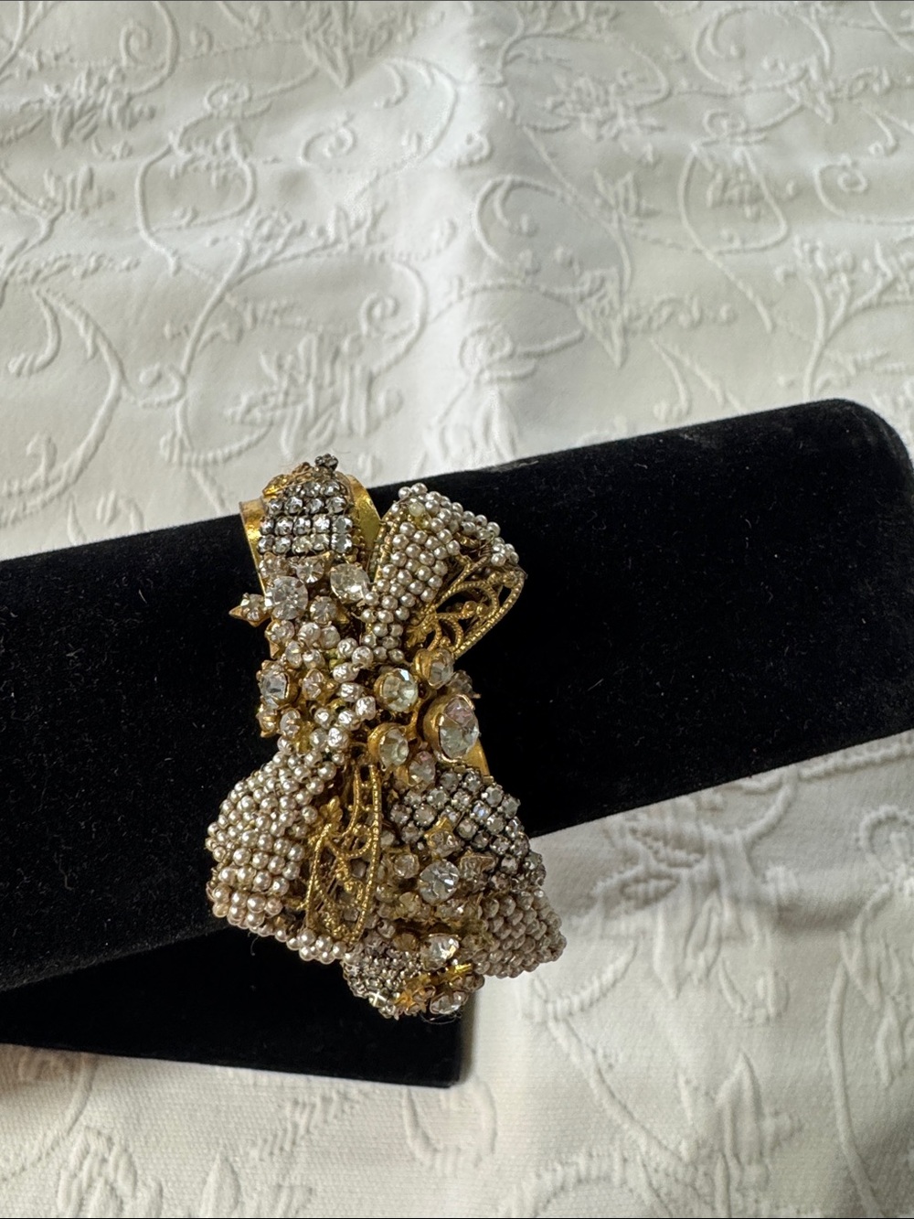 Miriam Haskell Gold-Tone Pearl and Clear Crystal Bow Bracelet
